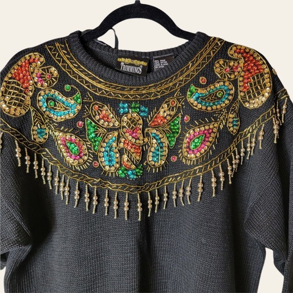 Vtg‎ 80s Trimmings Black Ramie Sweater with Gold Sequin Embellished Glam Medium - Picture 2 of 8